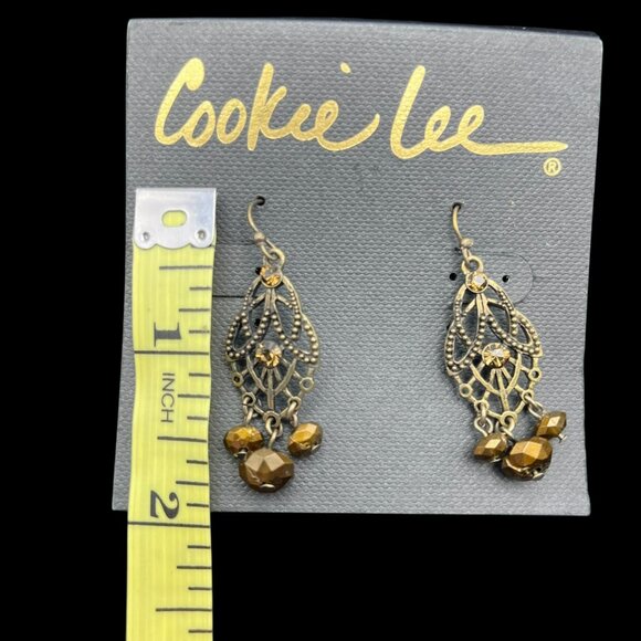VTG Cookie Lee Earrings Gold Tone Dangle Chandelier Amber Color Crystal Bead NEW - Picture 3 of 7